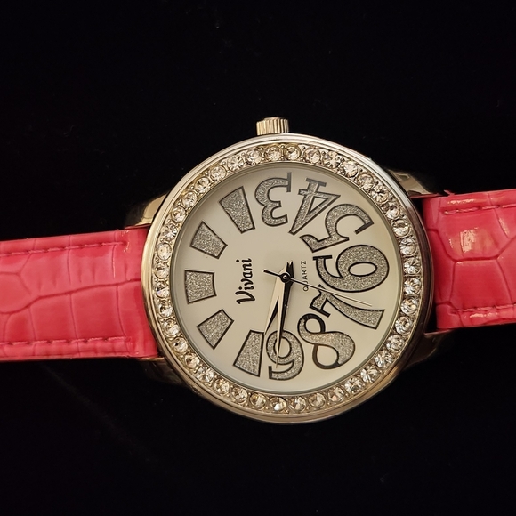 Pink Crocodile Leather Strap Watch with Crystal Bezel - Picture 2 of 2